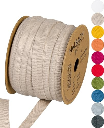 Halbach Sidenband bomullsband 10 mm x 30 m, band för pyssel som metervara, tygband för dekorationer, vävband 100% bomull för gör-det-själv-hantverk, snedband för sömnad, färg: lina, 24500