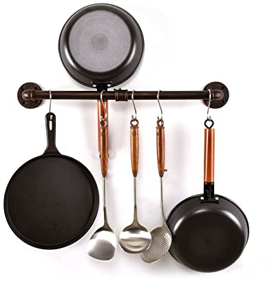 LINKPIPES Rohr Topf Pan Rack Wandbefestigte industrielle Utensil Deckel Halter Kochgeschirr Aufhänger Küche Organizer Hängende Bar Schiene mit S Haken (24 Inch, Rote Bronze)