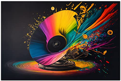 PRINTONIA Leinwandbild 120x80 cm Grammophon Grammofon Plattenspielers Wandbild Musik Abstrakt Dekoration Art Bilder Schallplatte Kunstdruck