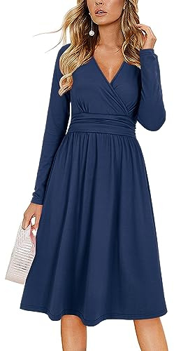 OUGES Women's Summer Midi Dress V-Neck Long/Short Sleeve Floral Ladies Fall Dress with Pockets