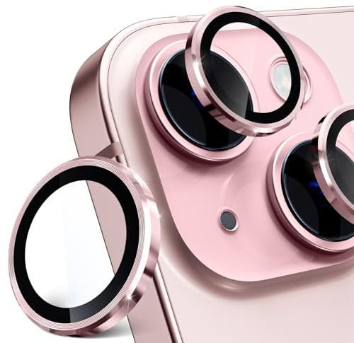 imluckies Camera Lens Protector for iPhone 15 / iPhone 15 Plus, 9H Tempered Glass & Anti-Scratch Metal Individual Ring Lens Cover, HD Clear Camera Accessories, Case Friendly - Pink