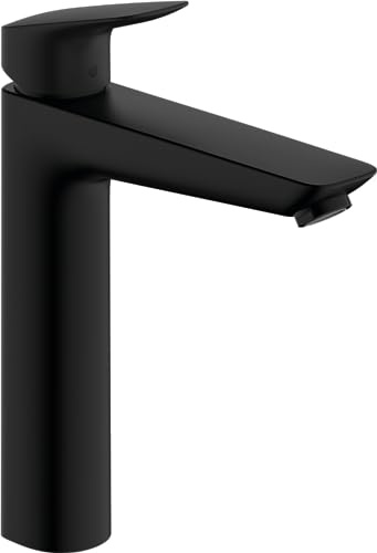 hansgrohe Logis - Tvättställsblandare med lyftventil, Vattenkran badrum med utloppshöjd 195 mm, Badrumskran vattenbesparande (EcoSmart), matt svart, 71090670