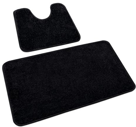 Rururug 2-Piece Bathroom Rug Set, Soft Microfibre Bathroom Mat and Toilet Rug with Cut-Out, Non-Slip Bath Mat, Washable, Black, 50 x 80 cm + 50 x 40 cm