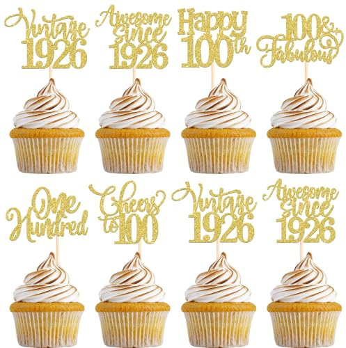 SYKYCTCY 30 Pack Happy 100th Birthday Cupcake Toppers Glitter One Hundred 100 Fabulous Vintage 1926 Cupcake Picks Awesome Since 1926 Cake Decorations for 100th Birthday Anniversary Party Supplies