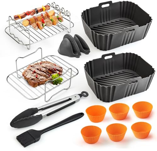 Silikonform für Heißluftfritteuse Zubehör 18-Teiliges Silikoneinsatz Air Fryer Accessories für Dual Zone Heißluftfritteuse Wiederverwendbar Airfryer Silikonform, BPA-frei Quadrat Airfryer Liners