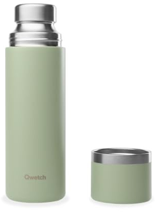 Qwetch - Thermoskanne Edelstahl 750ml Lindengrün - Isolierflasche & Thermosflasche mit recyceltem Edelstahlbecher - 24h kalt & 12h heiß - Auslaufsicher, BPA-frei & perfekt für Kaffee und Tee