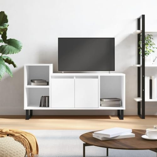 TJROO TV-Schrank, weiß, glänzend, 100 x 35 x 55 cm, mehrschichtiges Holz, Metall, TV-Schrank, niedrig, mit Türen, TV-Schrank, TV-Schrank, TV-Schrank, Schrank