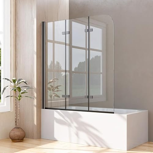 Duschwand für Badewanne 140x140cm 3-teilig Schwarz Dreifaltigkeitstür Faltbar Duschwand Badewannenaufsatz Duschtrennwand für Badewanne, Duschabtrennung mit 6mm Nano Sicherheitsglas