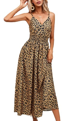 BSLVWG Robe longue d'été pour femme - Bretelles spaghetti - Col en V évasé - Volants - Sans manches - Léopard, marron, M
