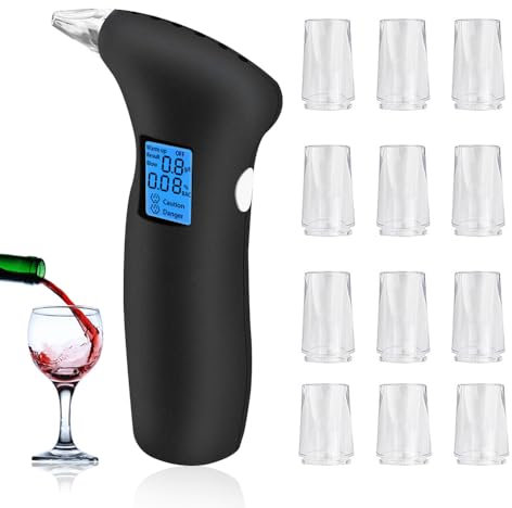 Peppy Tragbarer Alkoholtester zertifiziert – Tragbarer Alkoholtester mit LCD-Display, professioneller Alkoholtest mit 12 Mundstücken, ideal für Alkoholtests