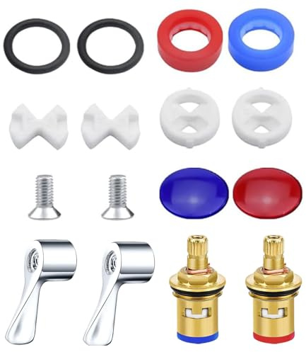 IUSOT 2 Sets Universal 1/2 Tap Cartridge Replacement with Metal Lever Heads for Kitchen Bathroom Faucets Sink Taps- Ceramic Disc, Chrome Plated, Mixer Tap Cartridge, Tap Indices Hot and Cold Inserts