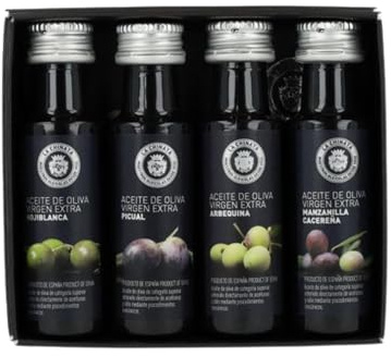 La Chinata Aceite de Oliva Virgen Extra - Estuche Degustación con 4 Variedades : Hojiblanca, Arbequina, Picual, Manzanilla | 2 Pack Gourmet Ideal para Regalar | Cata de AOVE | 25 ml Cada Uno (4)