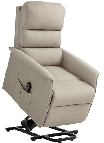HOMCOM Sillón Relax Reclinable Eléctrico Levanta Personas, Sillón Elevador con Control Remoto, Reposapiés, Tapizado en Lino, Bolsillo Lateral, para Salón, Dormitorio, Beige