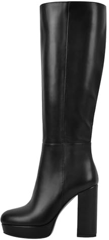 Meinabsatz Plateau Stiefel Klassisch Weitschaft Kniehoch Langschaftstiefel Knee High Boots mit Blockabsatz Glattleder Schwarz 37 EU