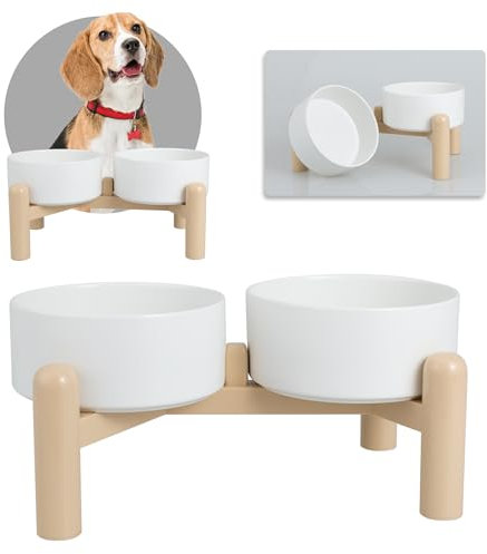 Hundenapf Set Erhöht Hunde Napfset - Doppelnapf Hund Keramik mit Rutschfestem Ständer - Futternapf Hund 2er Set für Futter und Wasser - Ideal für Kleine und Mittelgroße Hunde - 2 x 850 ml - Weiß