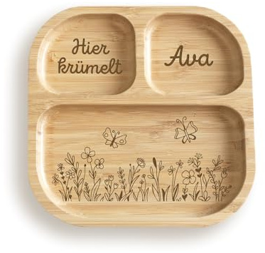 hellomini Personalisierter Babyteller mit Saugnapf – Individueller Kinderteller aus hochwertigem Bambusholz – Geschenk zur Geburt & Taufe – BPA-frei (Blumenwiese, Nur Teller)