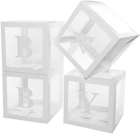 4 Scatole per Palloncini - Scatola per decorazioni da festa 30 x 30 x 30cm - Materiale Cartone - Con le Lettere BABY - Per Decorazioni di Compleanni e Feste (Bianco)
