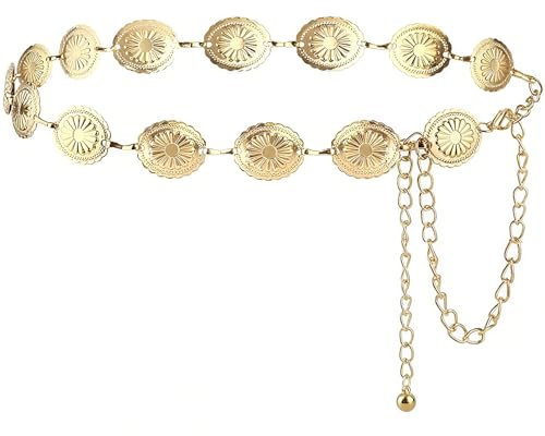 NXPUXP Western Metal Concho Belt,Cowgirl Concho Chain,Adjustable Waist Chain for Women,Suitable for Dresses,Jeans,Costumes (Gold-2025),M,Non-Precious Metal,No Gemstone