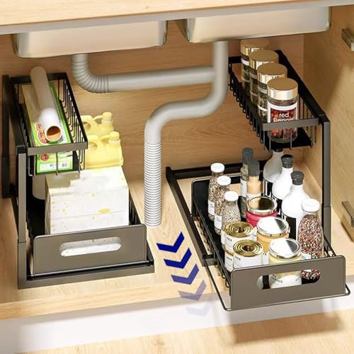 YOUNTHYE 2 Pack Under Sink Storage, Metal Under Sink Organiser 2 Tier Pull Out Undersink Storage Kitchen Organiser Multi-Purpose for Bathroom Laundry Countertop Under Cupboard