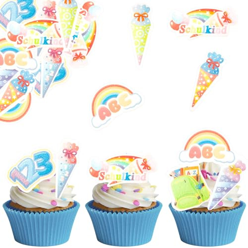 ALEGRE 48 Stk Cupcake Topper Einschulung,Essbare Tortendeko Einschulung Kuchen Deko,Essbare Schulkind Deko für Torten,Kuchendeko Schulanfang,Endlich Schulkind 2025 Muffin Deko Schultüte Mädchen Junge