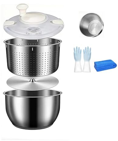 AVMLWEPA Essoreuse Salade Acier Inoxydable 6 L, Grande laveuse et déshydrateur de légumes avec Base antidérapante, Bouton d'arrêt de vidange, Bol, passoire avec Gants de Nettoyage for Lave-Vaisselle