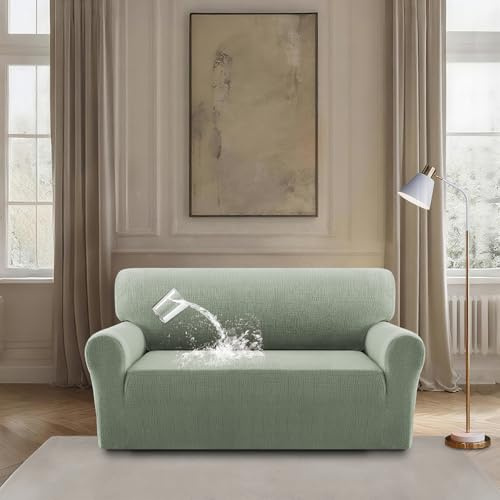BellaHills Wasserdicht Sofa überzug, Super Elastisch Sofabezug Mit Armlehnen Waschbarer, Sofaschoner rutschfest für Hunde Katzen und Haustiere, Seegras Grün, 2 Sitzer(130-160CM)
