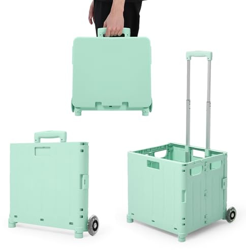 The Fellie 65L Foldable Shopping Trolley with Lid, Boot Cart with Wheels & Telescopic Aluminium Handle, 45KG Capacity Portable Collapsible Utility Trolley Box for Shopping Storage Travel, Green
