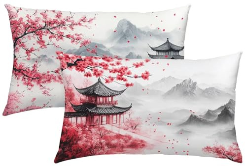 Housse de Coussin 50x70 Lot de 2, Velour Coussin Japon, Fleurs de cerisier Taies d'Oreillers Double Face à Motif, Taie Oreiller avec Fermeture Eclair Caché pour Decoration Maison, Cadeau Femme X-285