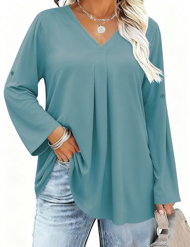 IECCP Damtoppar 3/4 rullad ärm v-ringade blusar plus size vardagligt mode långärmad skjorta lös tunika (1X-5X), Aqua, XL