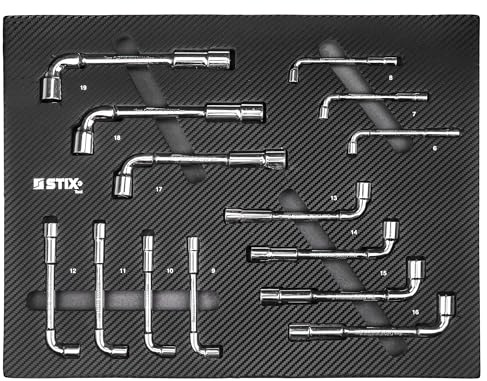 Stix Lot de 14 outils Cr-V pour servante d'atelier, insert en mousse pour tiroir de servante avec clés à douille coudées.