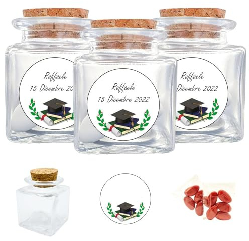 Doni Bomboniere Set Laurea 12PZ Barattolini Vetro 4x4x4 Tappezzati Sughero Adesivi Personalizzabili Bustine Confetti Festa Anniversario Gadget Evento