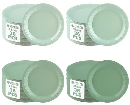 DAJAVE Juego de 144 platos de papel, 4 diseños, color verde salvia, degradado, 18 cm, estable para cumpleaños infantiles, cumpleaños, Navidad y fiestas