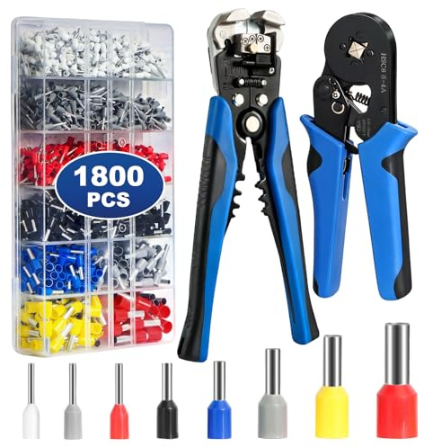 Crimpzange Aderendhülsen Set,0,25-10mm² Mit 1800 Stück Aderendhülsen,Crimpzange Kabelschuhe Set für 0.5-6 mm² (AWG 22-10),Wire Stripper für 0.2-6 mm² (AWG 24-10),Isoliertes Crimpzangen Set