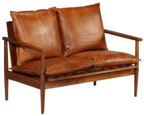 ZQQLVOO 2-Sitzer-Sofa Echtleder Akazienholz Braun Retro 2-Sitzer Sofa aus Massivholz mit Echtleder für gemütliches Wohnambiente