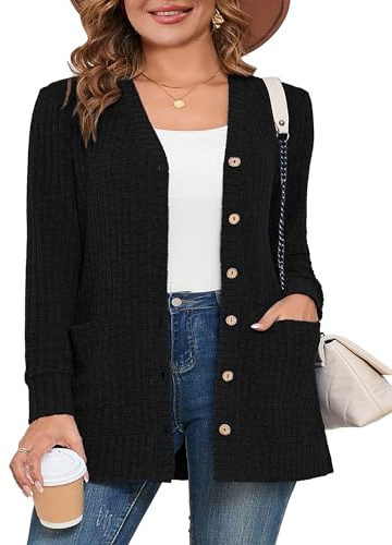 AusLook Plus Size Women Long Sleeve Cardigan Black 3X Open Front Button Down Lightweight Casual Sweater Cover Ups Shrugs Shawls and Wraps Kimono Jacket Coat with Pockets