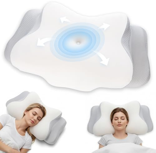 Romon Cuscino Cervicale, Cuscino Ergonomico in Memory Foam con Doppia Altezza e Fodera Sfilabile Lavabile per Dormire a Decubito Supino, Prono e Laterale