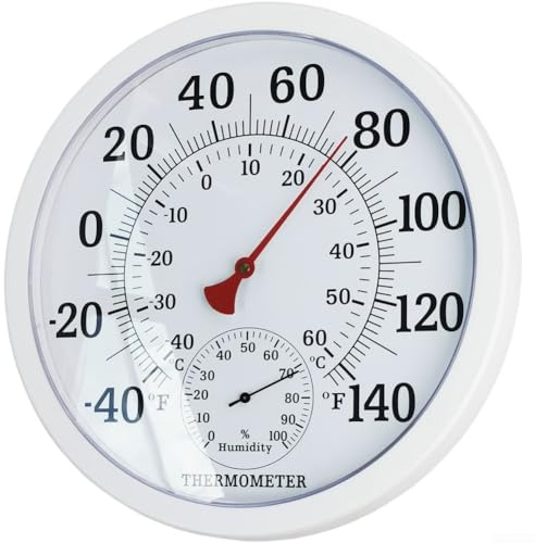 Grand thermomètre analogique d'intérieur et d'extérieur avec jauge d'humidité, double échelle d'affichage de la température en Fahrenheit et Celsius, conçu pour la maison et le jardin (blanc)