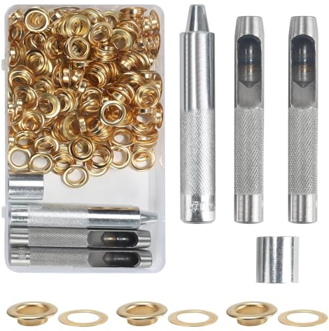 Kit de 140 œillets en laiton doré de 10 mm | Kit d'œillets en métal avec outils de perforation pour tissu, toile, rideaux, auvents, vêtements en cuir (doré)