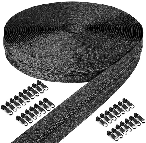Oändlig dragkedja svart med dragkedja, 5 mm, 15 m, nylon ändlös dragkedja, metervara och 30 svart dragkedja av metall för kläder, väska pennfodral sängkläder, sängkläder kuddar etc.