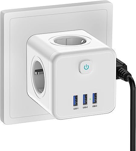 USB Steckdose, Steckdosenadapter 7 in 1 Doppelstecker für Steckdose mit 3 USB - White