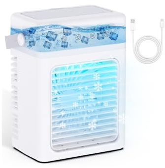 Aire Acondicionado Portatil Silencioso - Mini Enfriador de Aire con Depósito de Agua 900ML, 3 Niveles + 2 Modos, Programación 2/4/6 Horas, Iluminación RGB, Alimentación USB, para Habitaciones Pequeñas