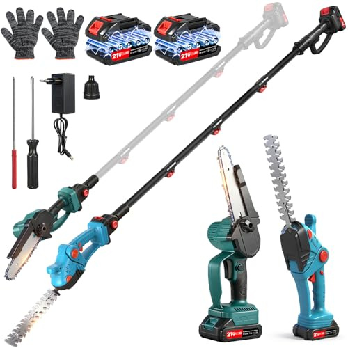 Heckenschere Akku & Hochentaster Akku 4-in-1 Set: Handkettensäge & 2m Teleskopstange, Akku Heckenschere mit 2×2000mAh Akku, 135° neigbar, 265cm Reichweite, Kupfermotor (25000 U/min) für Garten & Baum