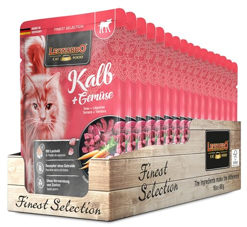 Leonardo Sacchetto salvafreschezza [16x85g Vitello + Verdure] | Cibo umido senza cereali per gatti | Alimento completo umido in busta monoporzione