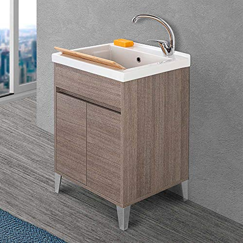 Inbagno Mobile lavatoio lavanderia con vasca in ceramica, L.61 x P.51 x H.87,5 cm, serie Way diverse colorazioni, include vasca in ceramica bianco lucido (Rovere scuro)