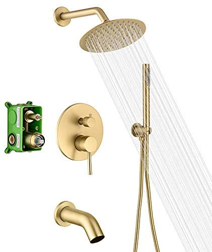 SUMERAIN Shower System with Tub Spout and Handheld Shower, Brass Rain Shower Tub Set with 8 Inches Shower Head and Rough in Valve Brushed Gold