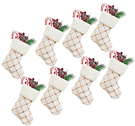 RXXR 8 Stück Weiß Weihnachtsstrumpf Set mit Plüsch, 23 cm Glitzer runde Punkte Pailletten Geschenkbeutel Nikolausstiefel Weihnachtssocken Dekoration für Weihnachtsbäume, Treppen, Kamine Set