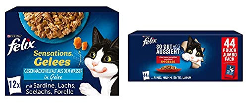 FELIX Sensations Gelees & So gut wie es aussieht Katzenfutter nass in Gelee, Fisch & Land Sorten-Mix, 6er & 44er Pack (72 & 44 x 85g Beutel)