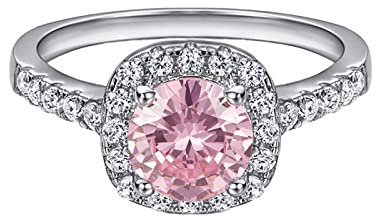 Homxi Silber Ringe Damen 925,Engagement Trauringe 4 Zinken mit Rund 7x7MM Zirkonia Rosa Damen Ringe Ehering Gr 60 (19.1)
