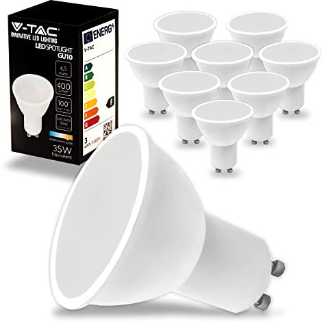 V-TAC 10x Ampoules LED GU10-4,5W 400 Lumen - Haute Luminosité - Spot LED GU10 pour Efficacité Maximale et Économie d'énergie - Lumière Blanc Chaud 3000K