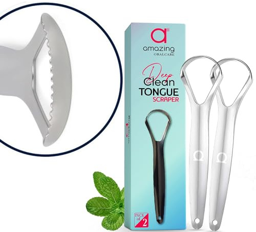 Raspador de lengua de limpieza profunda, diseño de borde dentado, (2 unidades) de acero inoxidable Amazing Oralcare